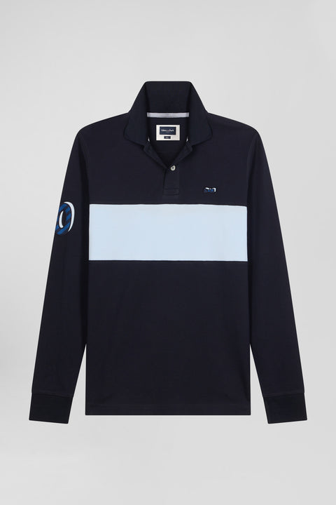 Regular sky blue long-sleeved cotton piqué polo shirt with sleeve embroidery - Image 2