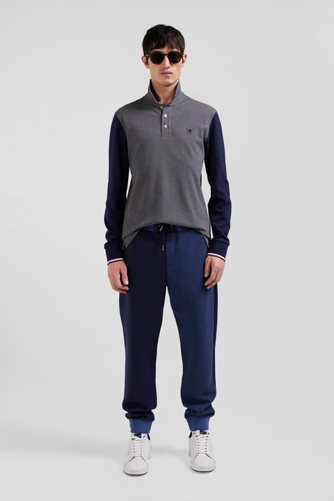 Regular grey long-sleeved cotton piqué polo shirt with jacquard collar and rubber badge - Image 1