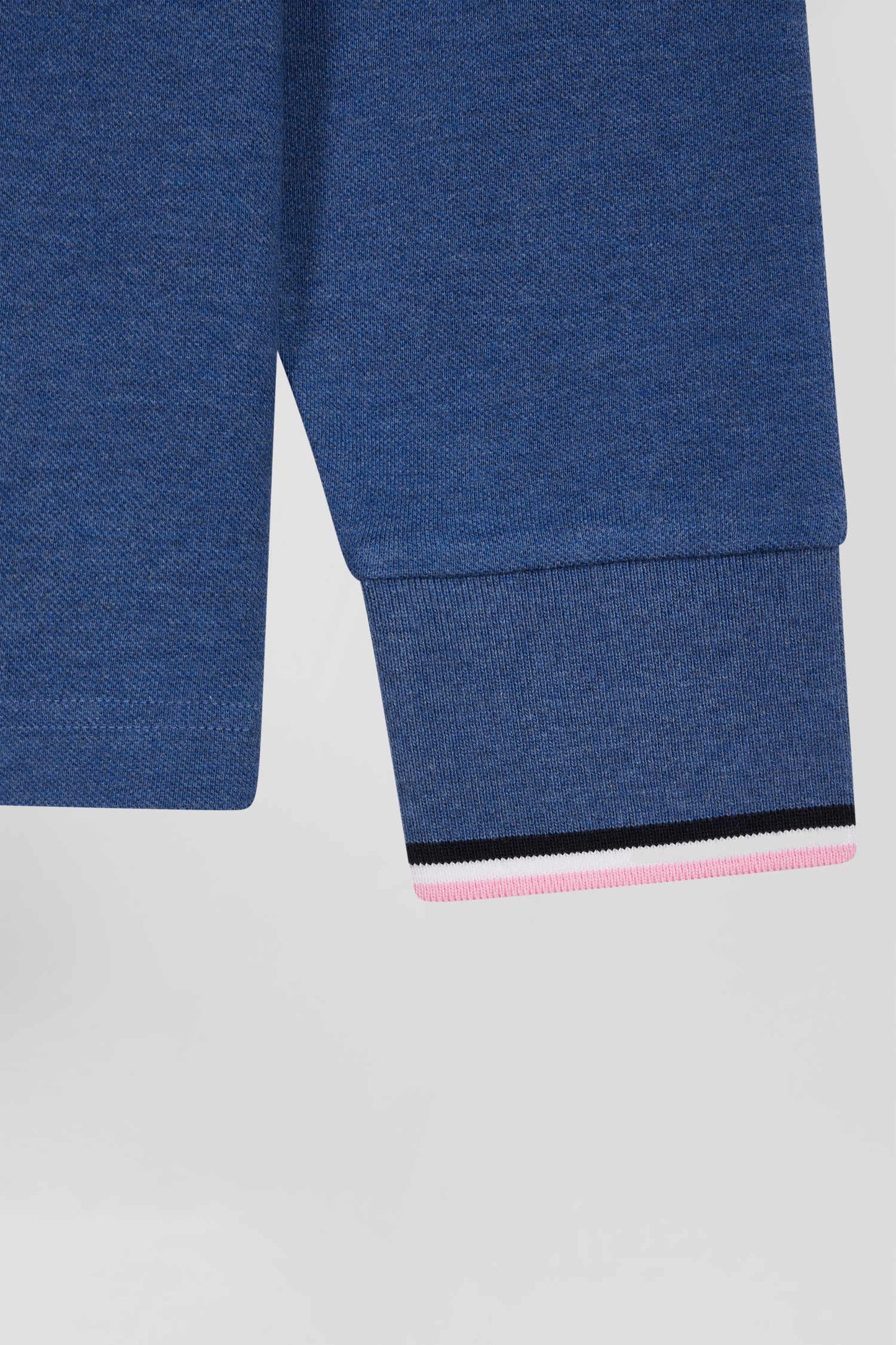 Regular dark blue long-sleeved cotton piqué polo shirt with tricolor details