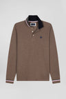 Regular brown long-sleeved cotton piqué polo shirt with rubber badge