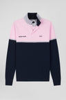 Regular navy blue bicolor long-sleeved cotton piqué polo shirt