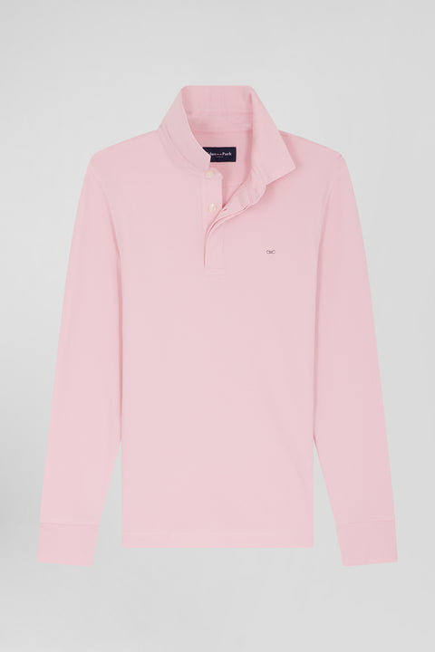 Slim pink long-sleeved cotton piqué polo shirt - Image 1
