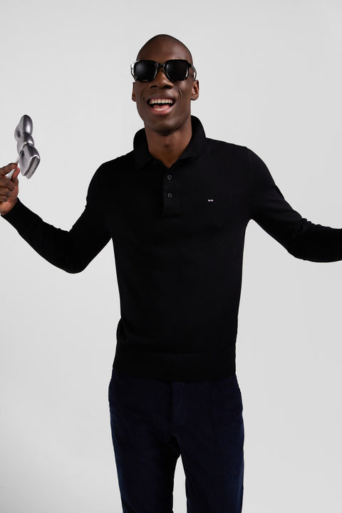 Regular black wool jumper with rugby shirt collar - Image 3