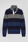 Regular navy blue striped wool and cotton jumper with rugby shirt collar