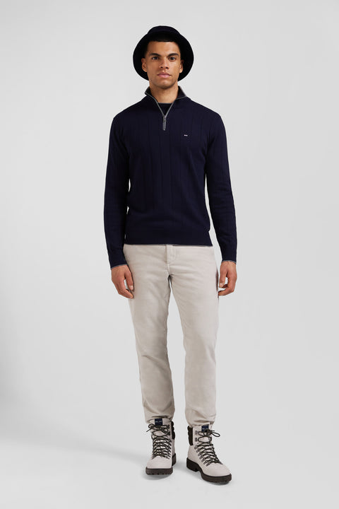 Regular navy blue semi-zipped cotton and cashmere jumper - Image 1