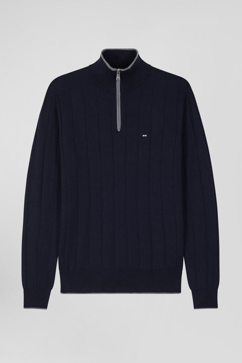 Regular navy blue semi-zipped cotton and cashmere jumper - Image 2