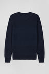 Pull col rond en coton bleu marine à jeux de maille coupe Regular