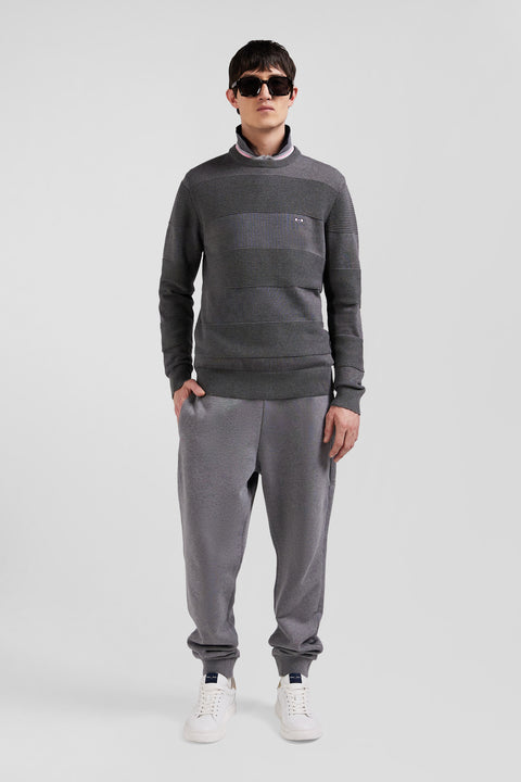 Regular grey cotton crew neck jumper with knit patterns - Image 1