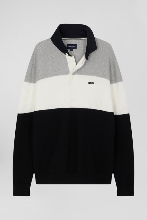 Regular grey wool and cotton jumper with knit patterns and rugby shirt collar - Image 2