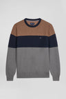 Round-neck sweater in grey and hazelnut cotton with regular-cut knits