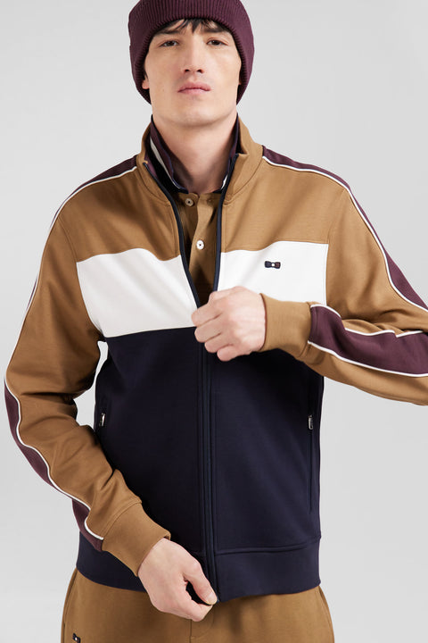 Sweatshirt zippé colorblock en coton mélangé noisette coupe Regular - Image 3