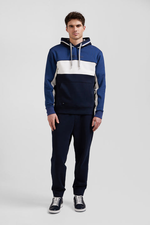 Sweatshirt à capuche tricolore en coton bleu foncé coupe Relaxed - Image 1