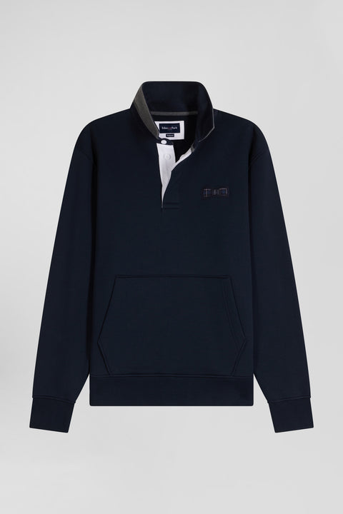 Relaxed navy blue cotton blend sweatshirt with checked patchwork and rugby shirt collar - Image 2
