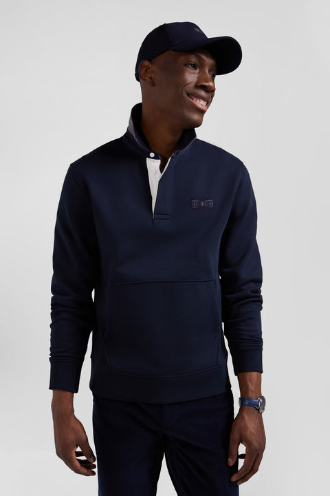 Relaxed navy blue cotton blend sweatshirt with checked patchwork and rugby shirt collar - Image 3