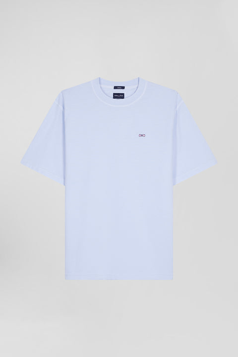 T-shirt manches courtes unisexe en coton surteint uni ciel coupe Oversized - Image 3