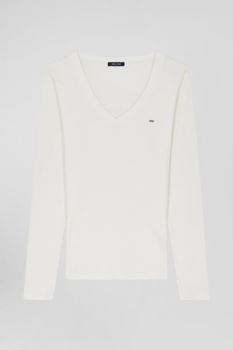 T-shirt manches longues à col V en coton écru coupe Slim - Image 2