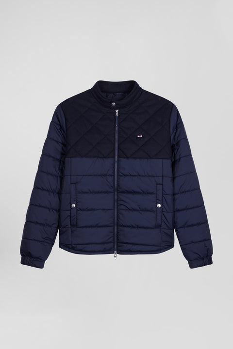 Navy blue long-sleeved double quilted high collar down jacket - Image 2