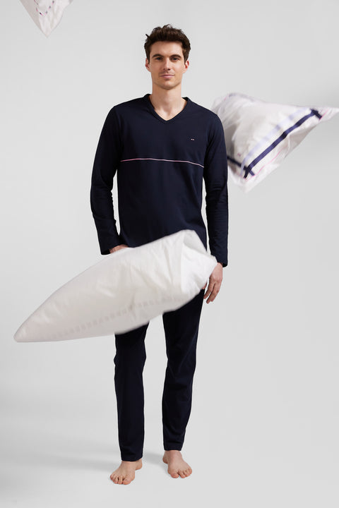 Navy blue long cotton pajamas with white piping - Image 2