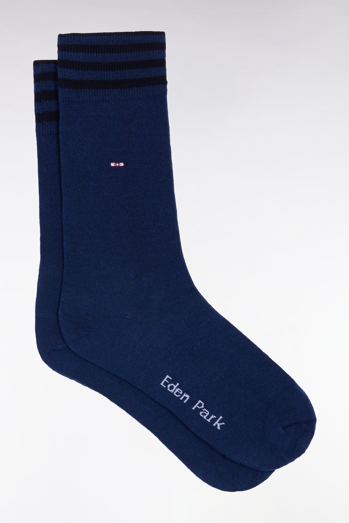 Blue stretch cotton blend socks with striped trim