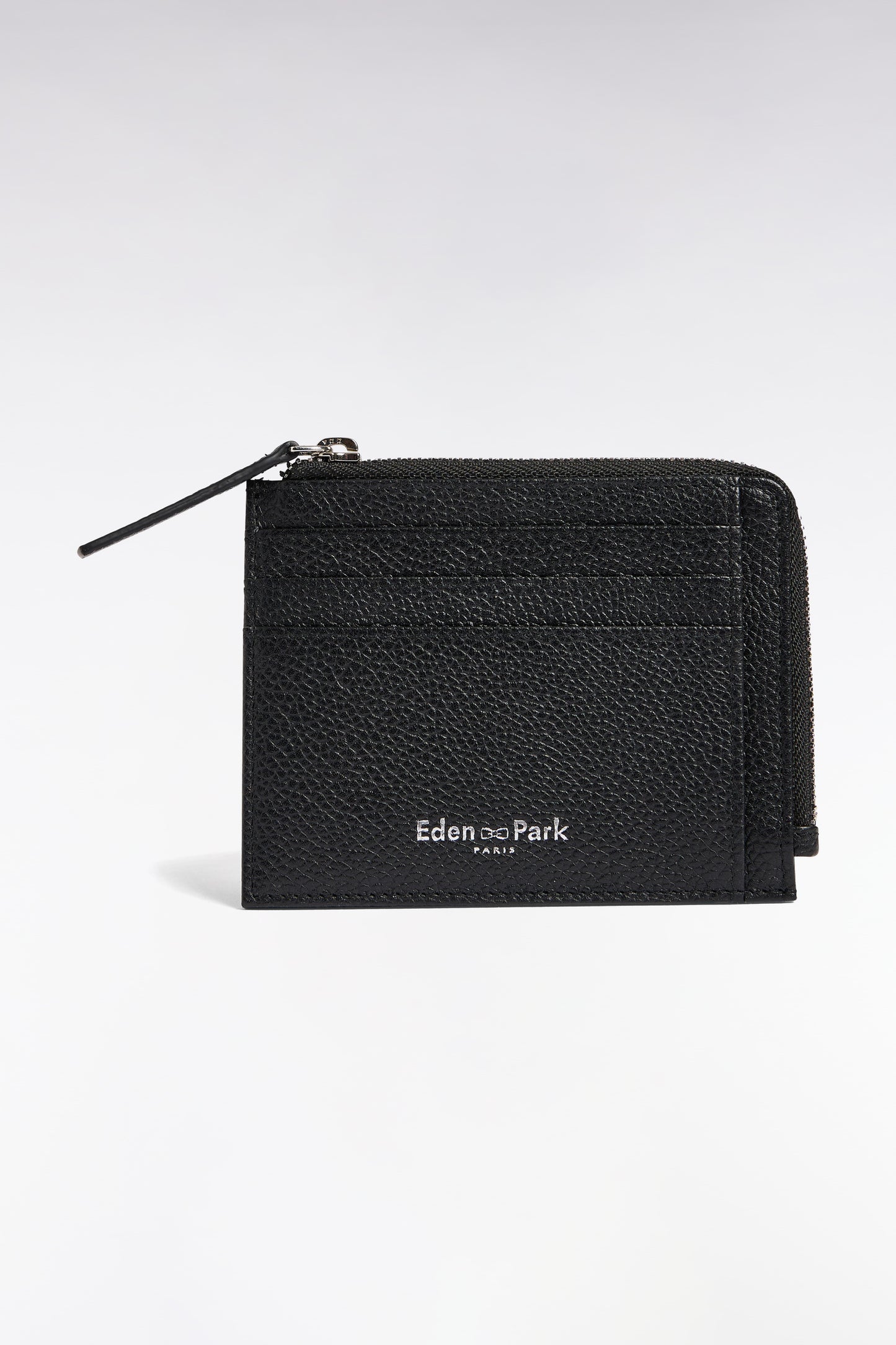 Porte-cartes zippé en cuir grainé noir