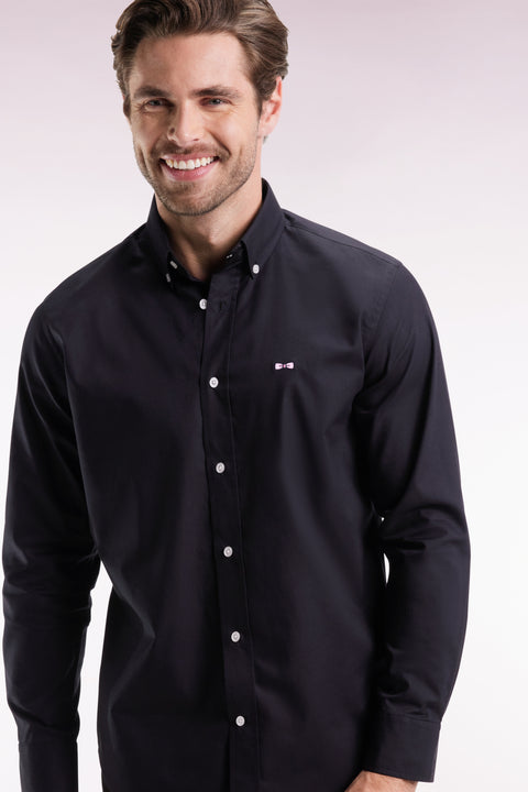 Black pinpoint cotton shirt with embroidered back, straight cut - Image 1