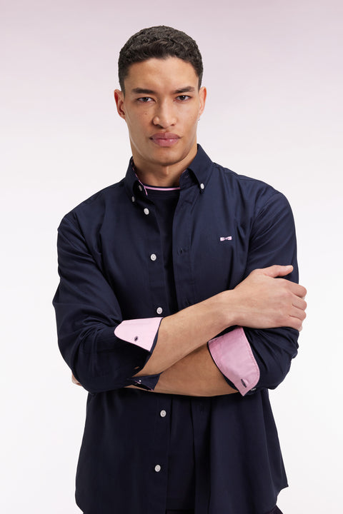 Chemise en coton pinpoint marine broderie 10 dos coupe droite - Image 1