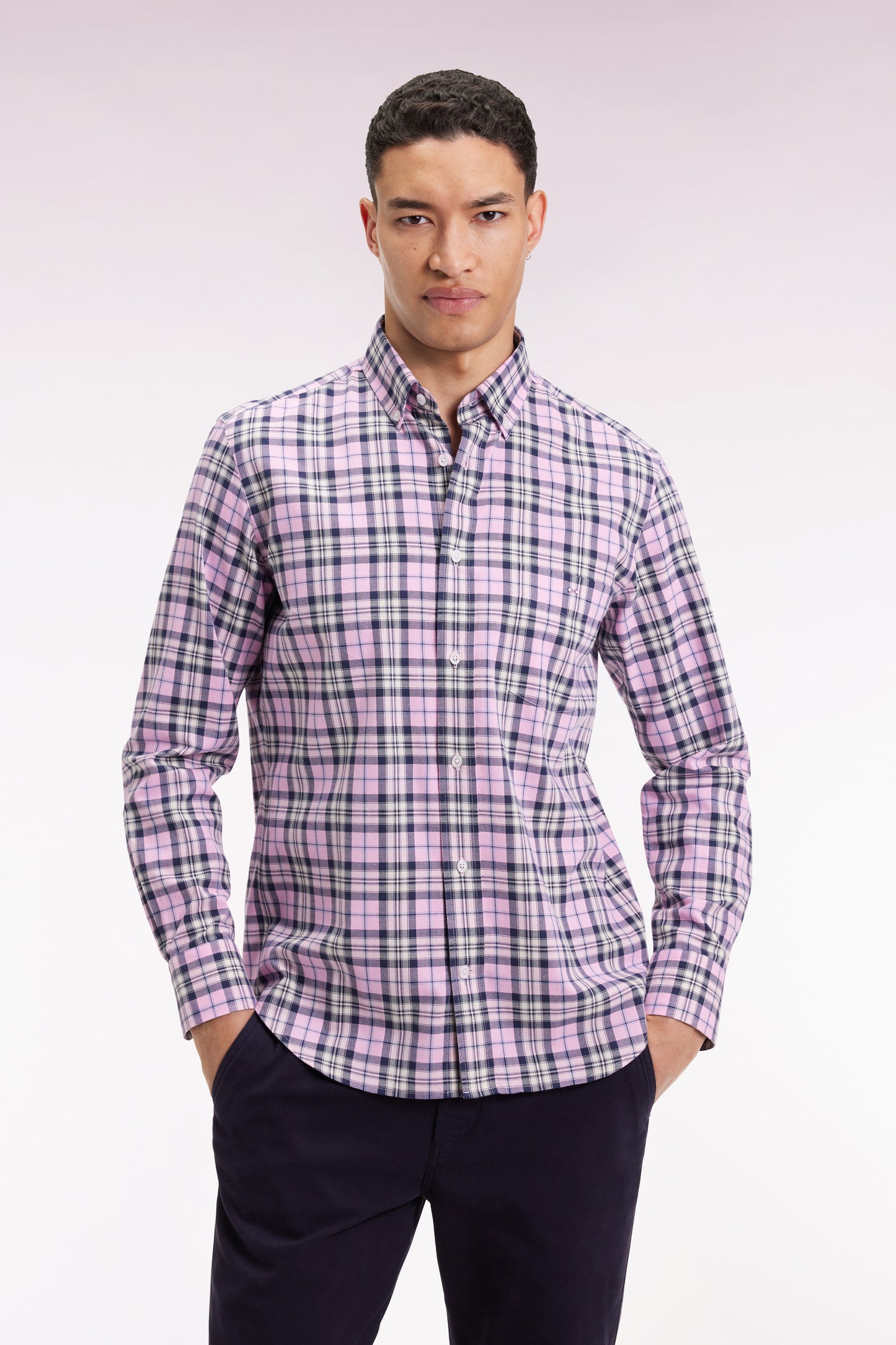 Pink cotton check shirt, straight cut