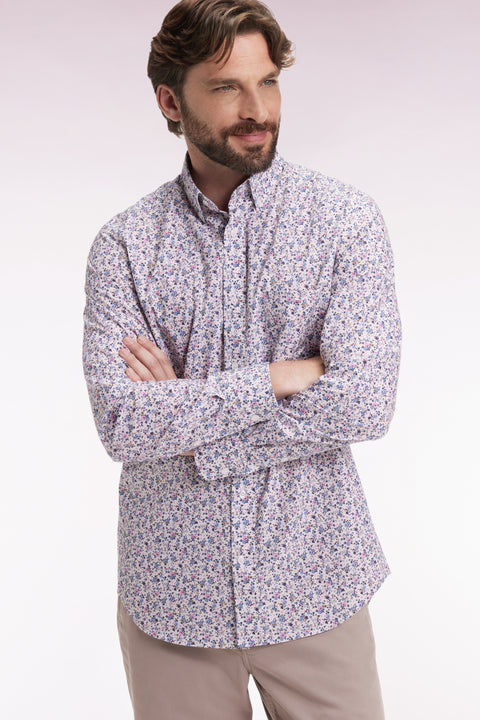 Chemise en coton beige à micro-motifs fleurs coupe droite - Image 1