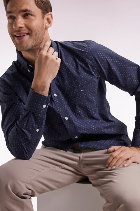 Chemise en coton à micro-motifs nœuds papillon marine coupe droite - Image 1