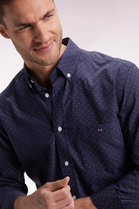 Navy cotton shirt with micropatterned bow tie, straight cut - Image 1