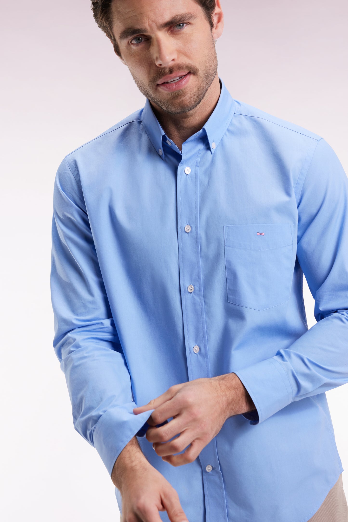 Sky cotton shirt with printed elbow patches, straight cut