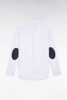 White cotton shirt with printed elbow patches, straight cut