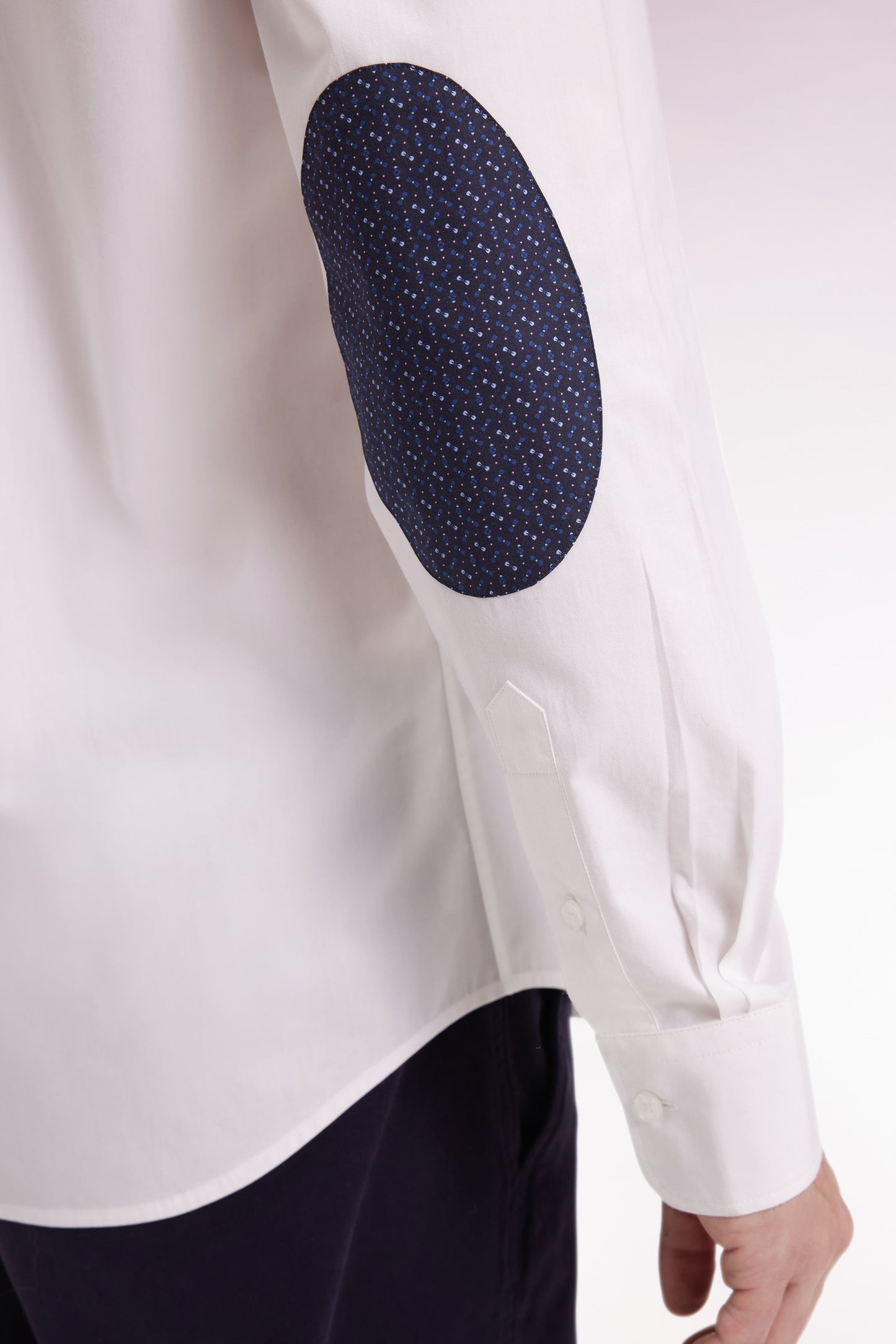 White cotton shirt with printed elbow patches, straight cut