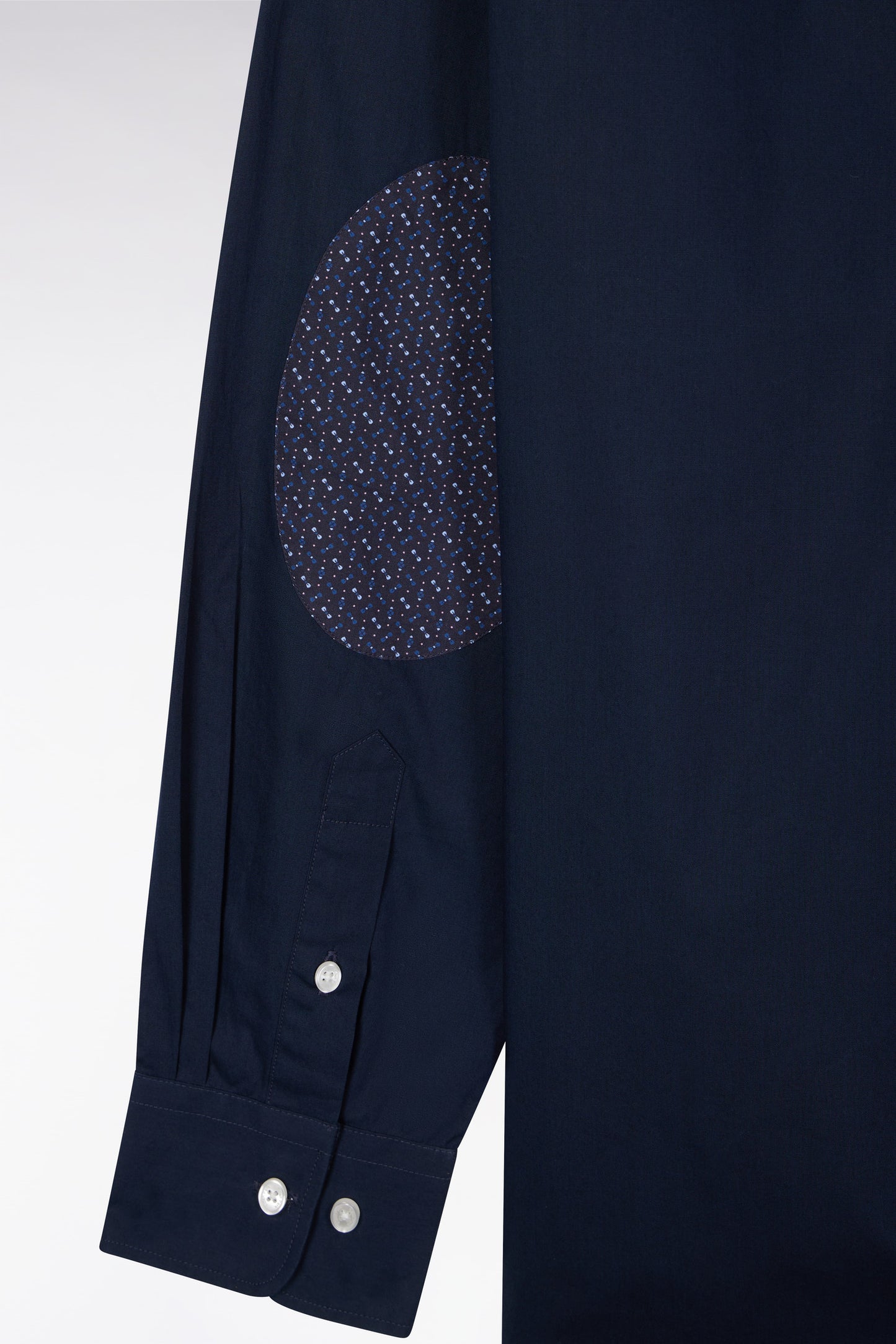 Navy cotton shirt with printed elbow patches, straight cut