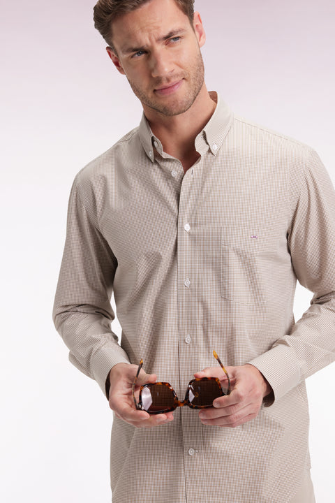 Gingham shirt in beige cotton poplin, straight cut - Image 1
