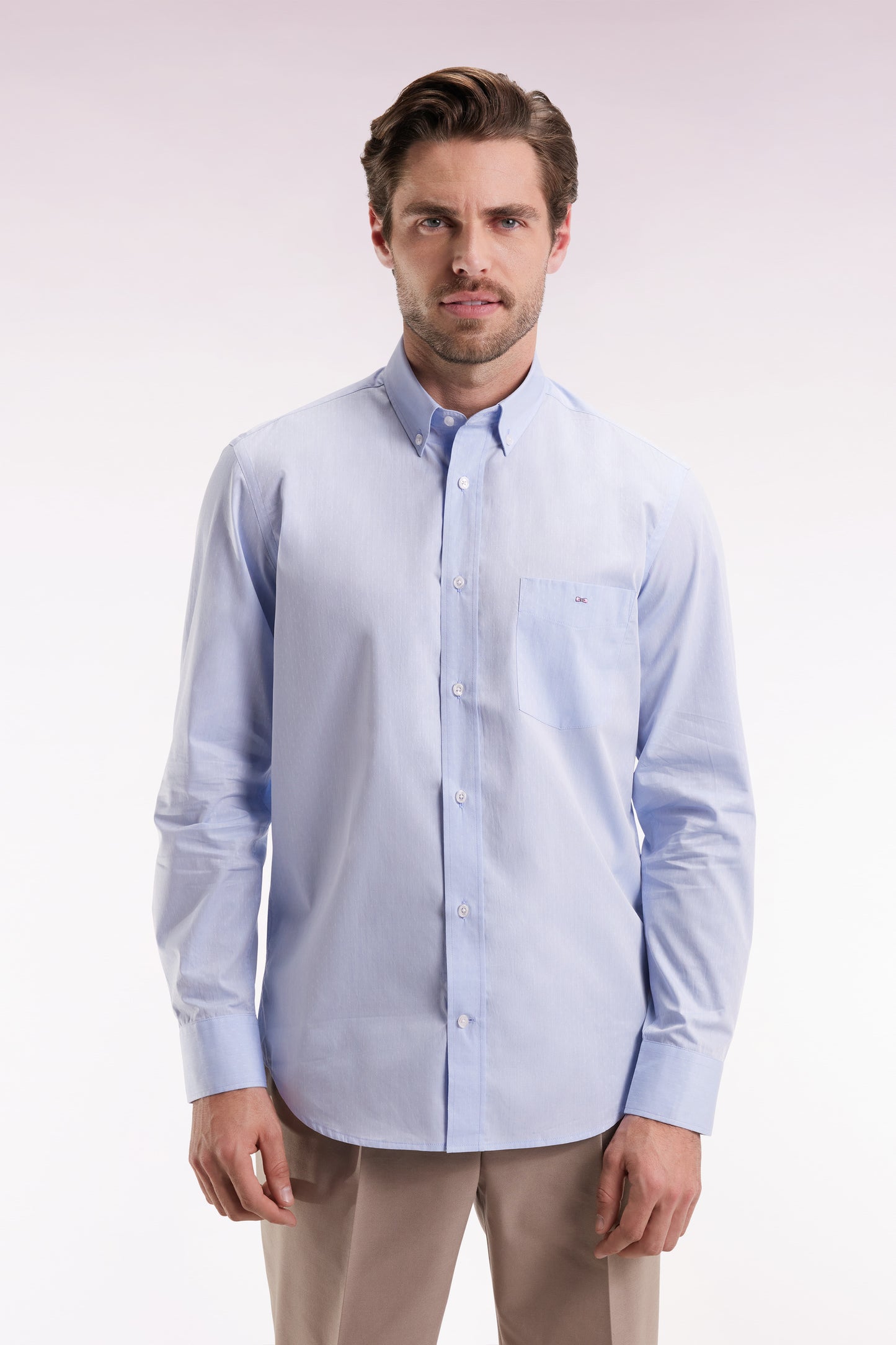 Sky cotton shirt with jacquard micro-patterns, straight cut