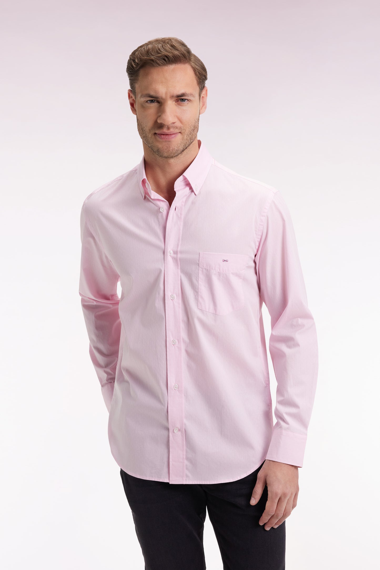 Pink cotton shirt with jacquard micropatterns, straight cut