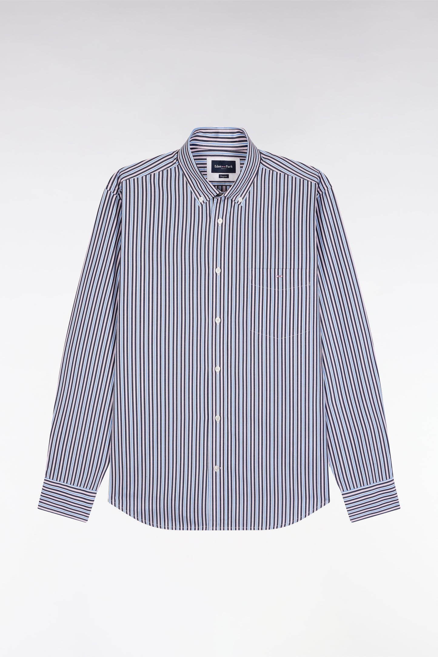 Chemise en coton marine à rayures contrastées coupe droite