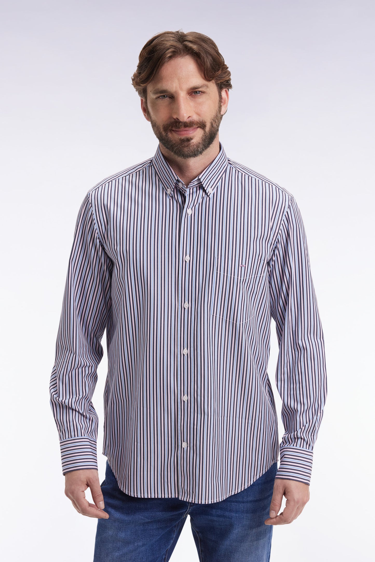 Chemise en coton marine à rayures contrastées coupe droite