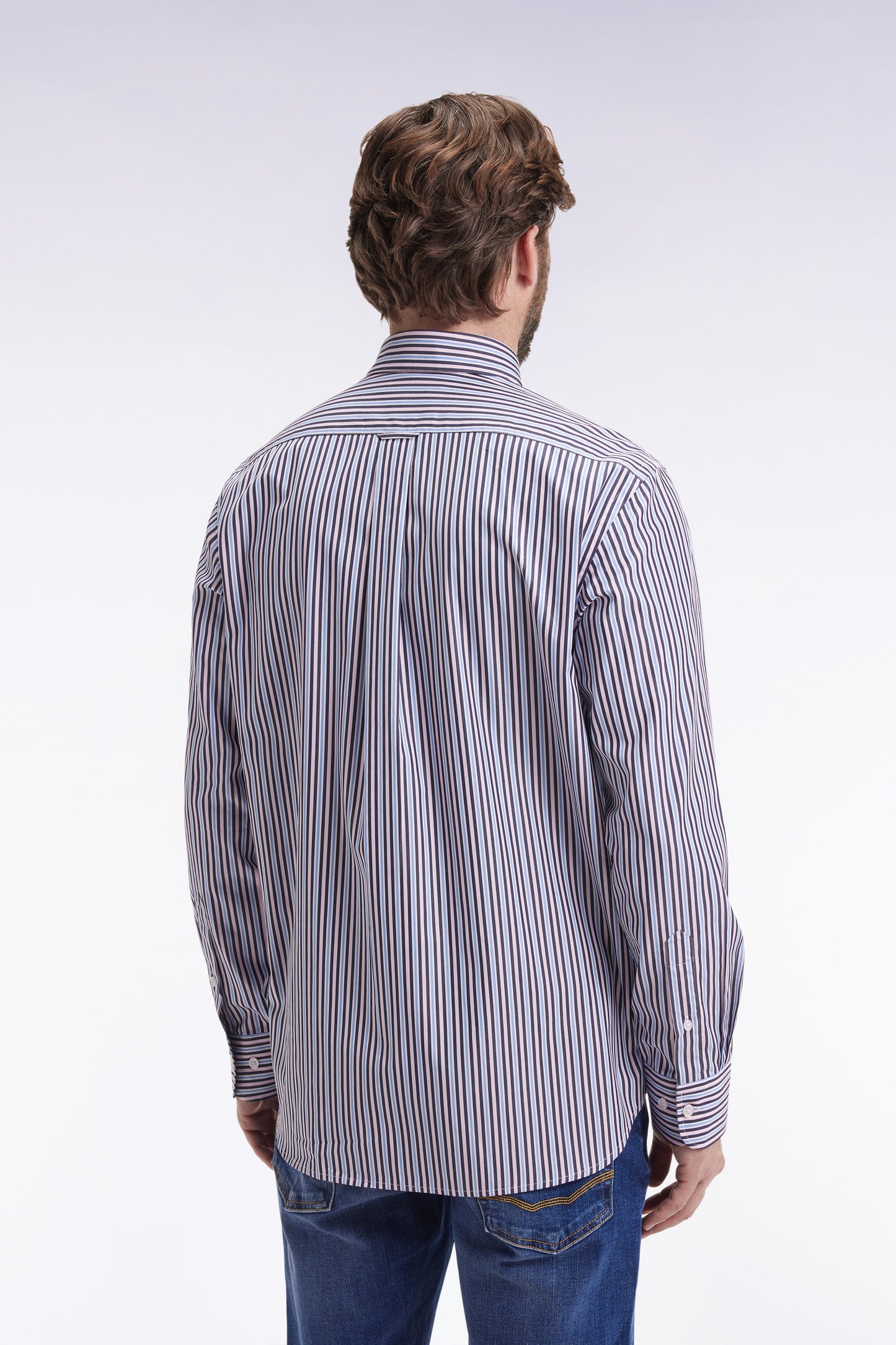 Chemise en coton marine à rayures contrastées coupe droite