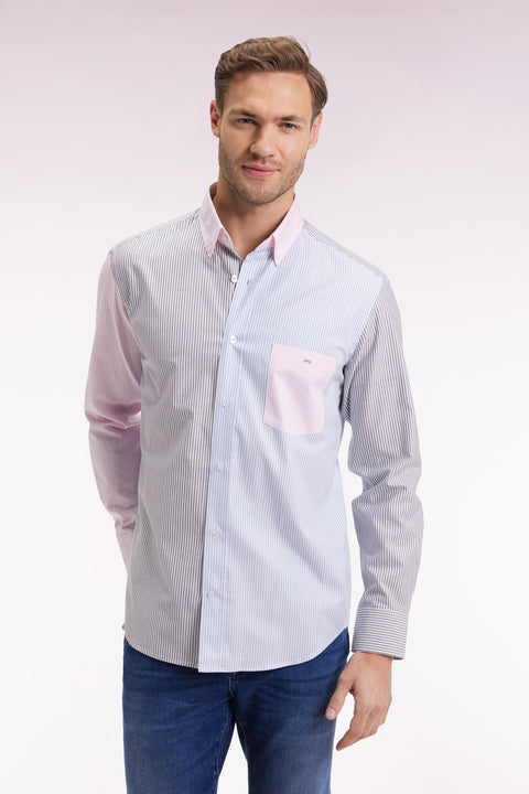 Three-color striped cotton twill shirt, straight cut - Image 3