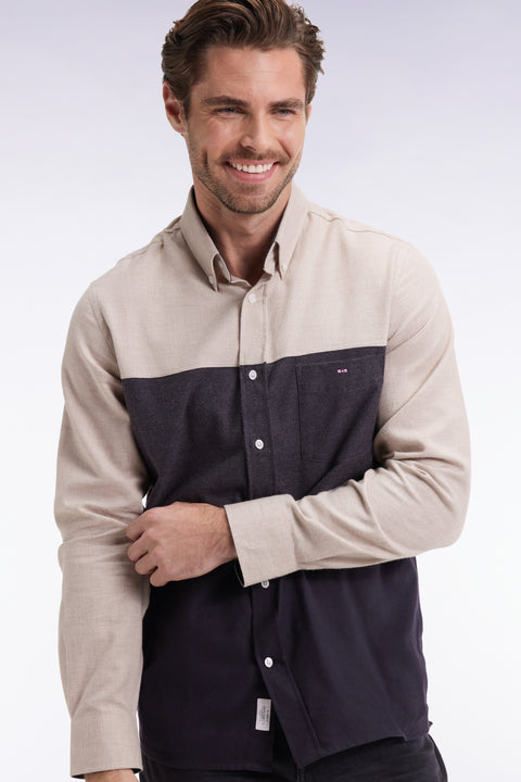 Chemise en flanelle tricolore marine et beige coupe droite - Image 1