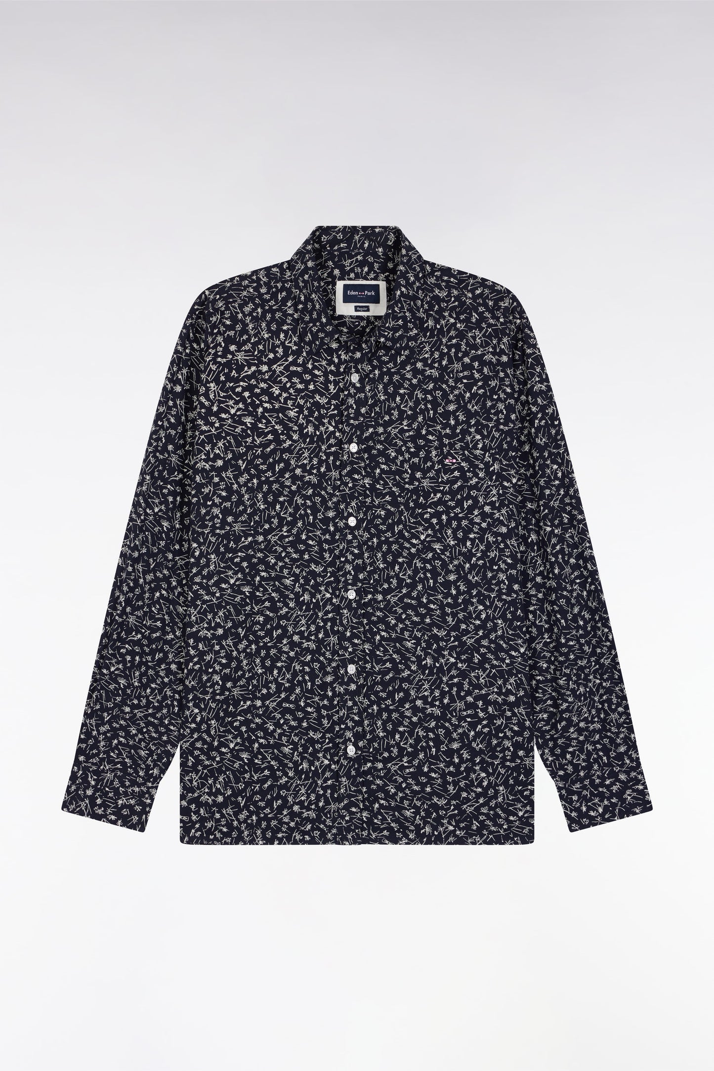 Navy cotton shirt with floral print, straight cut