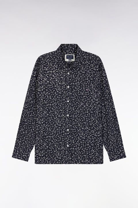 Navy cotton shirt with floral print, straight cut - Image 2