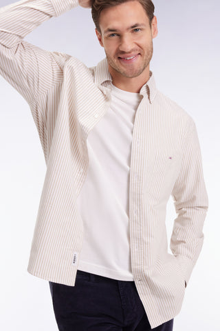 Chemise en popeline de coton rayée beige coupe droite