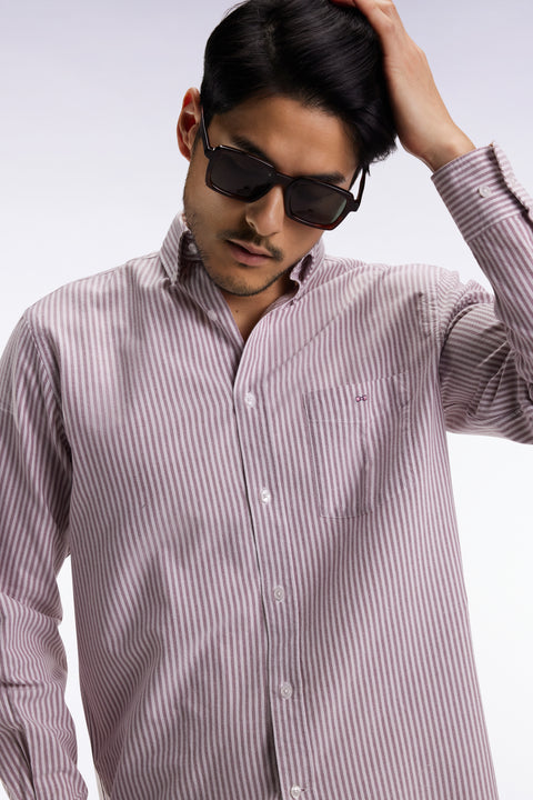 Straight-cut burgundy striped cotton poplin shirt - Image 1