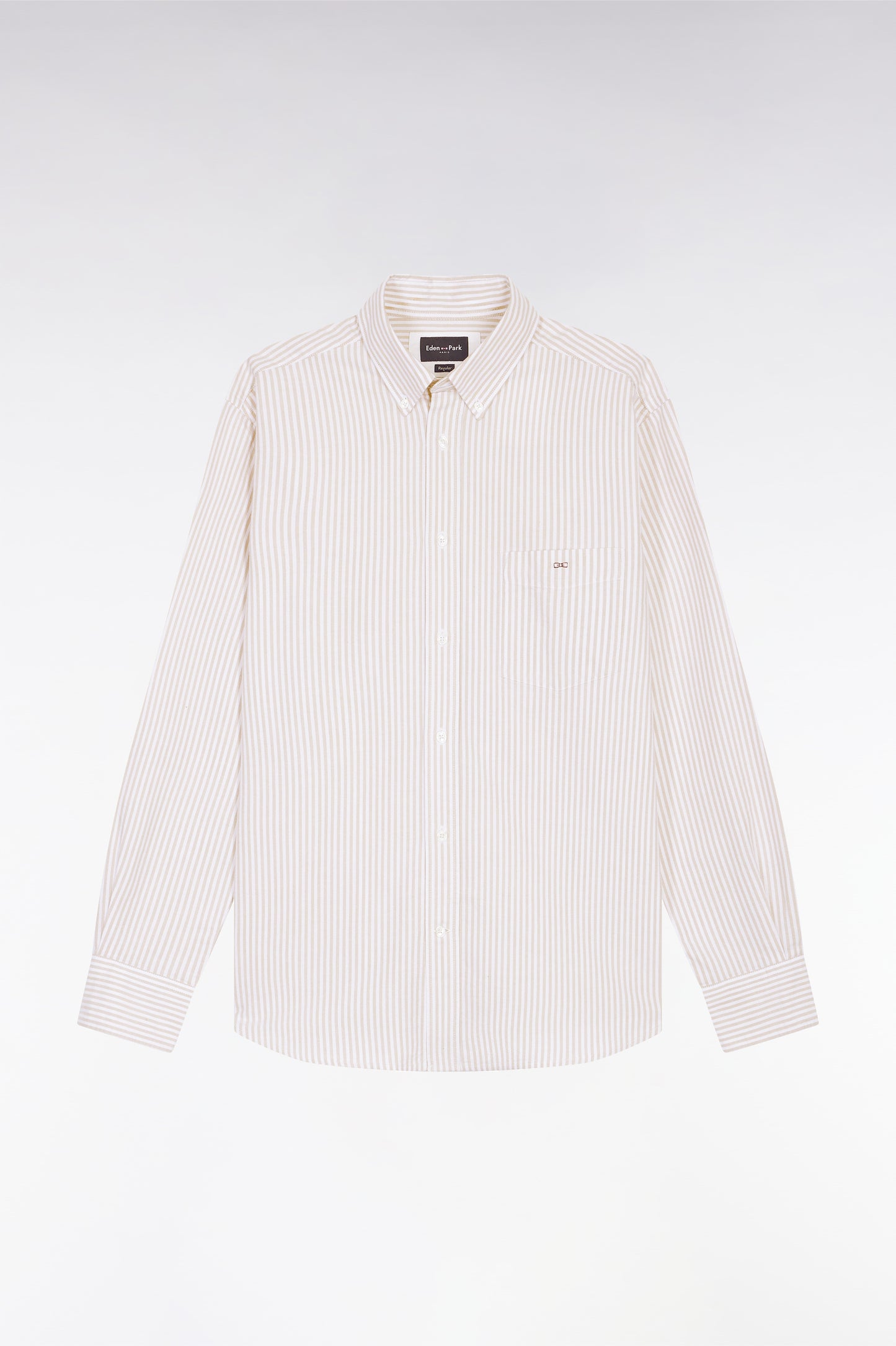 Beige striped cotton poplin shirt, straight cut