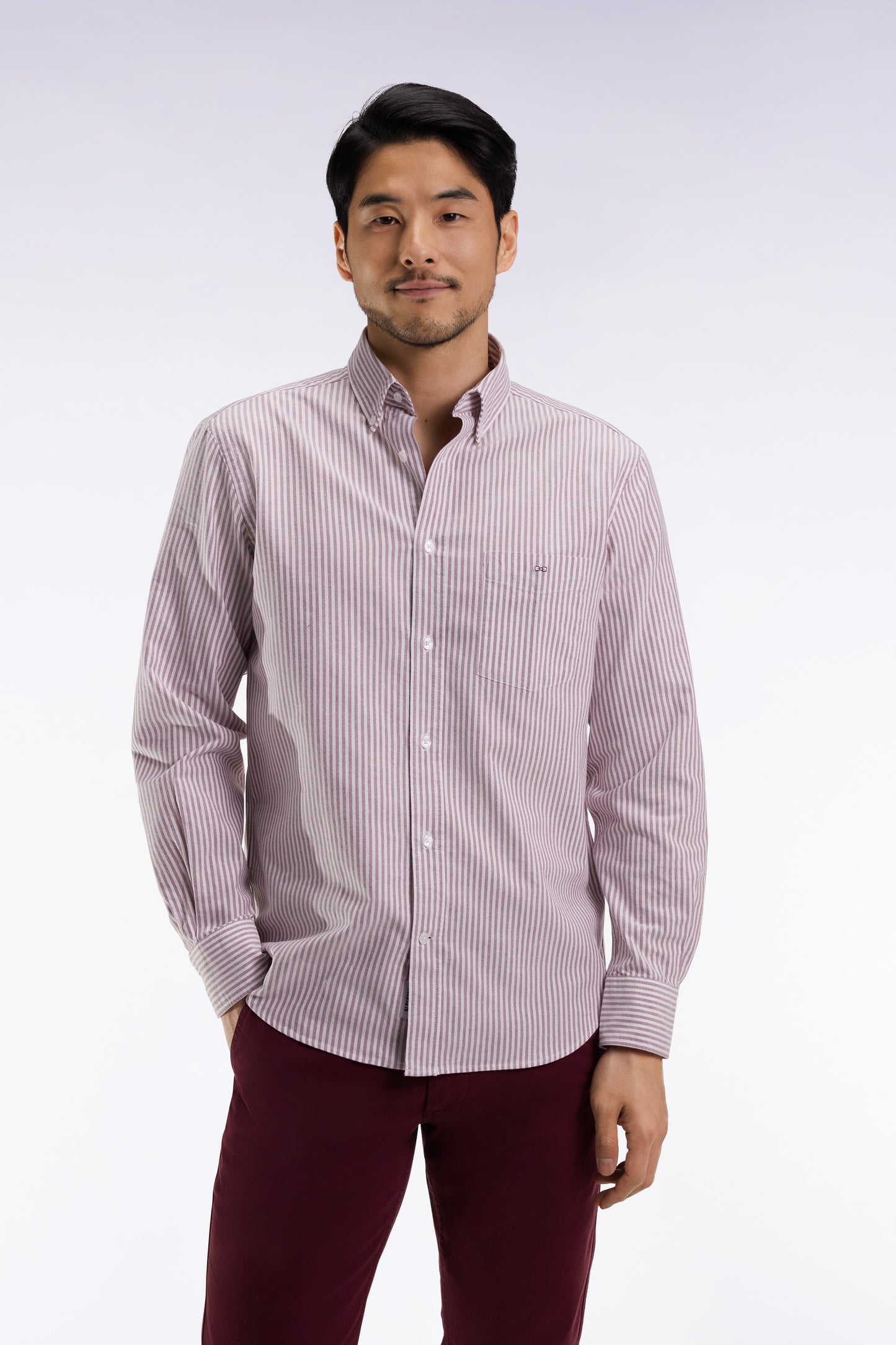 Straight-cut burgundy striped cotton poplin shirt