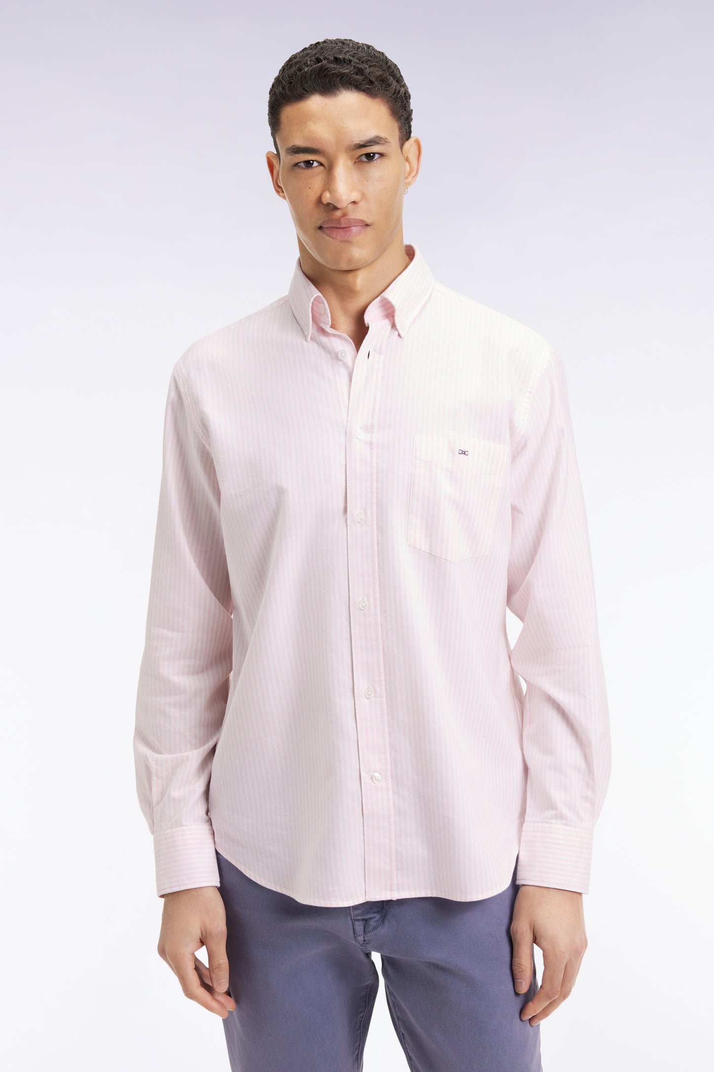 Pink striped cotton poplin shirt, straight cut