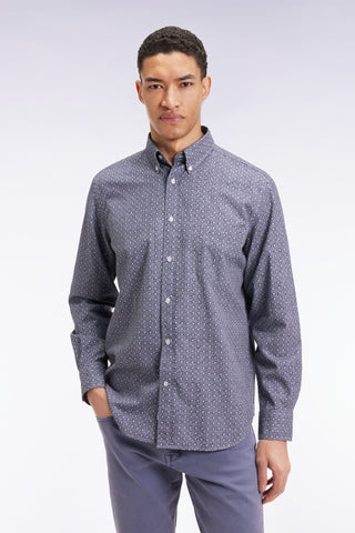 Navy cotton micro-pattern shirt, straight cut